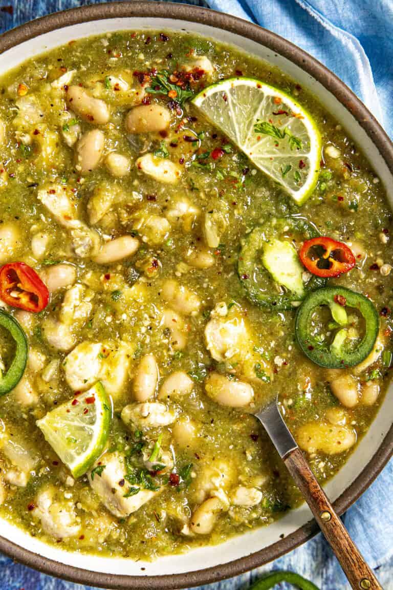 Hearty Green Chicken Chili in a bowl with garnish