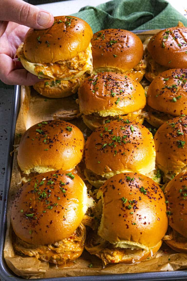 Melty Buffalo Chicken Sliders fresh from the oven &ndash; the ultimate game day snack!