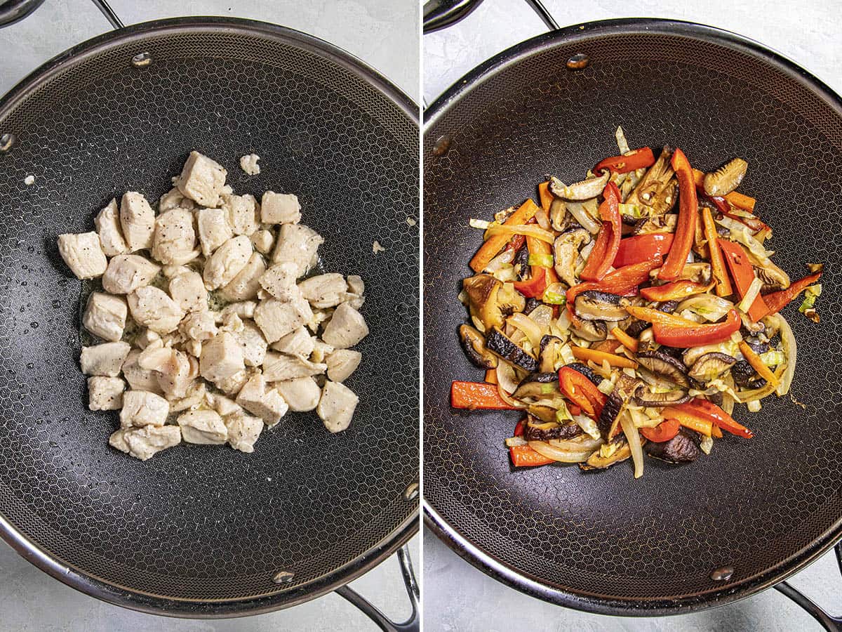 Stir frying chicken and vegetables in a wok to make Yaki Udon
