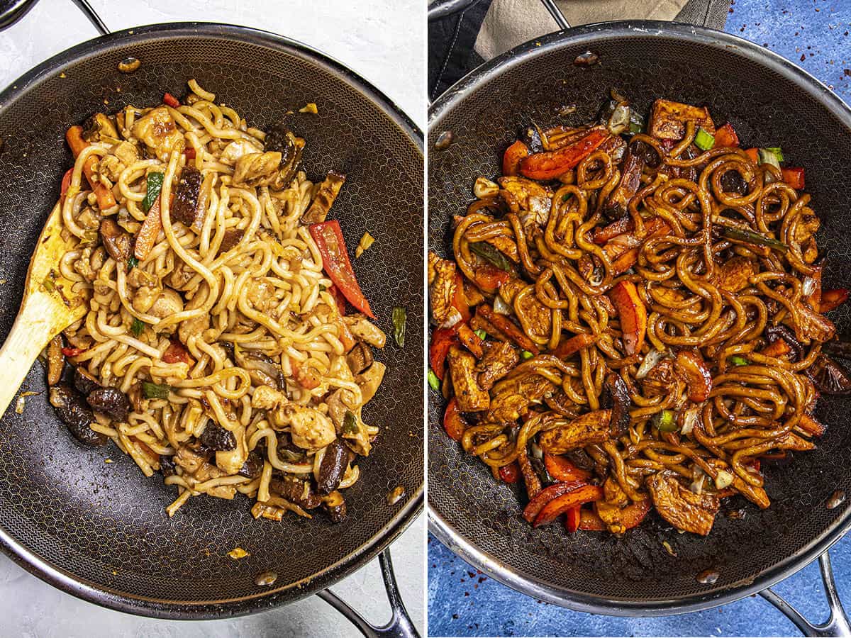 Stir frying Yaki Udon noodles in a wok