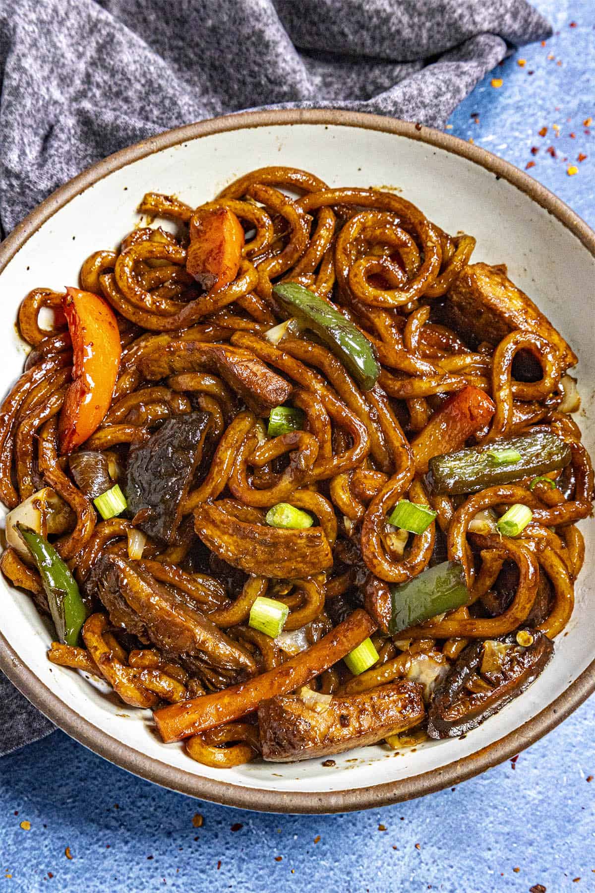 Yaki Udon (Japanese Stir Fried Udon Noodles) in a bowl, ready to serve