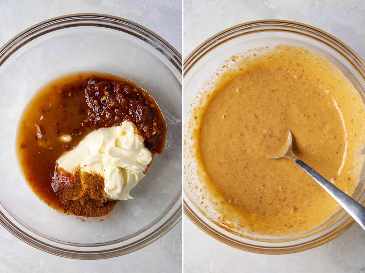 Mixing Bang Bang Sauce in a bowl