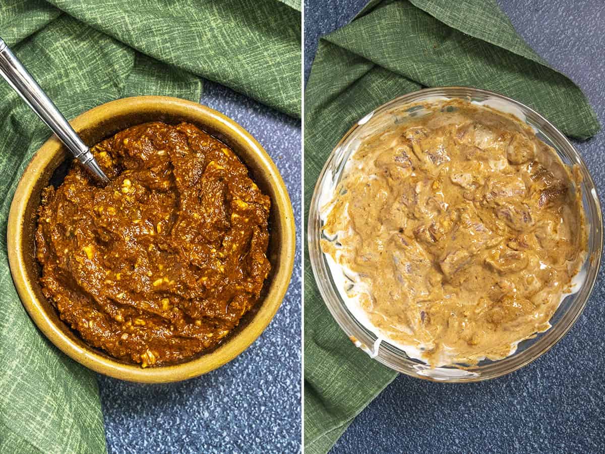 Korma sauce or paste in a bowl, and marinating lamb for making lamb korma