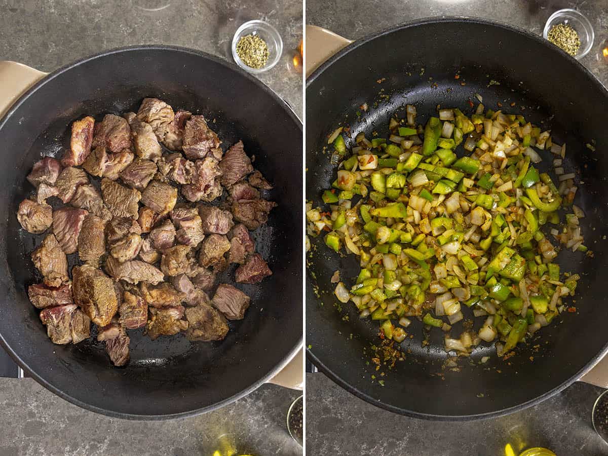 Browning beef in a large pot and cooking down peppers and onions in the pot to make Carne Guisada