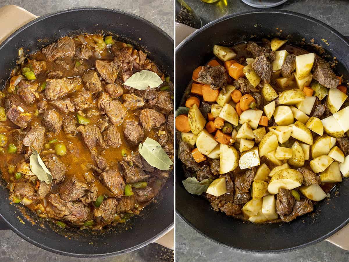 Simmering the stew beef with stock in a Dutch oven, then adding chopped carrots and potatoes to make Carne Guisada.