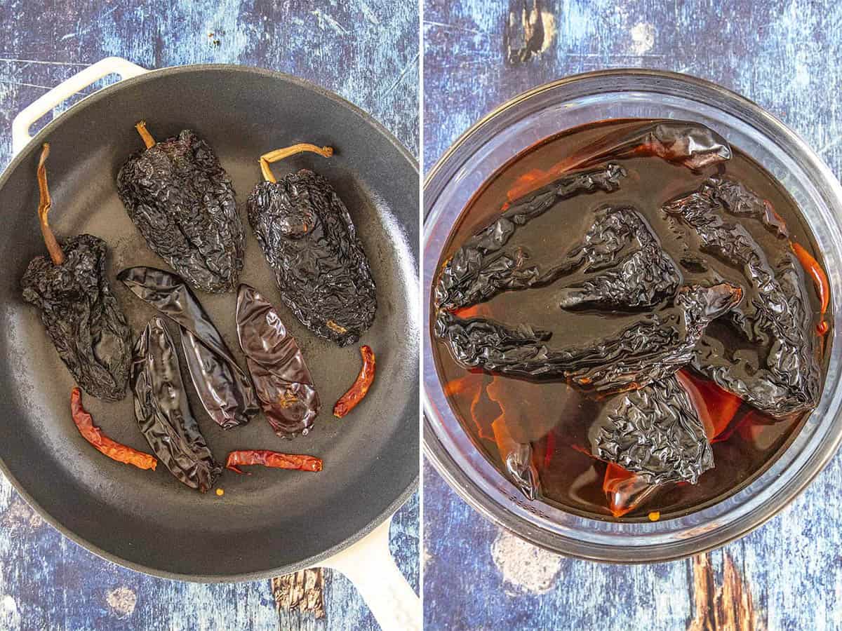 Softening Mexican chilies in hot water to make Chicken al Pastor