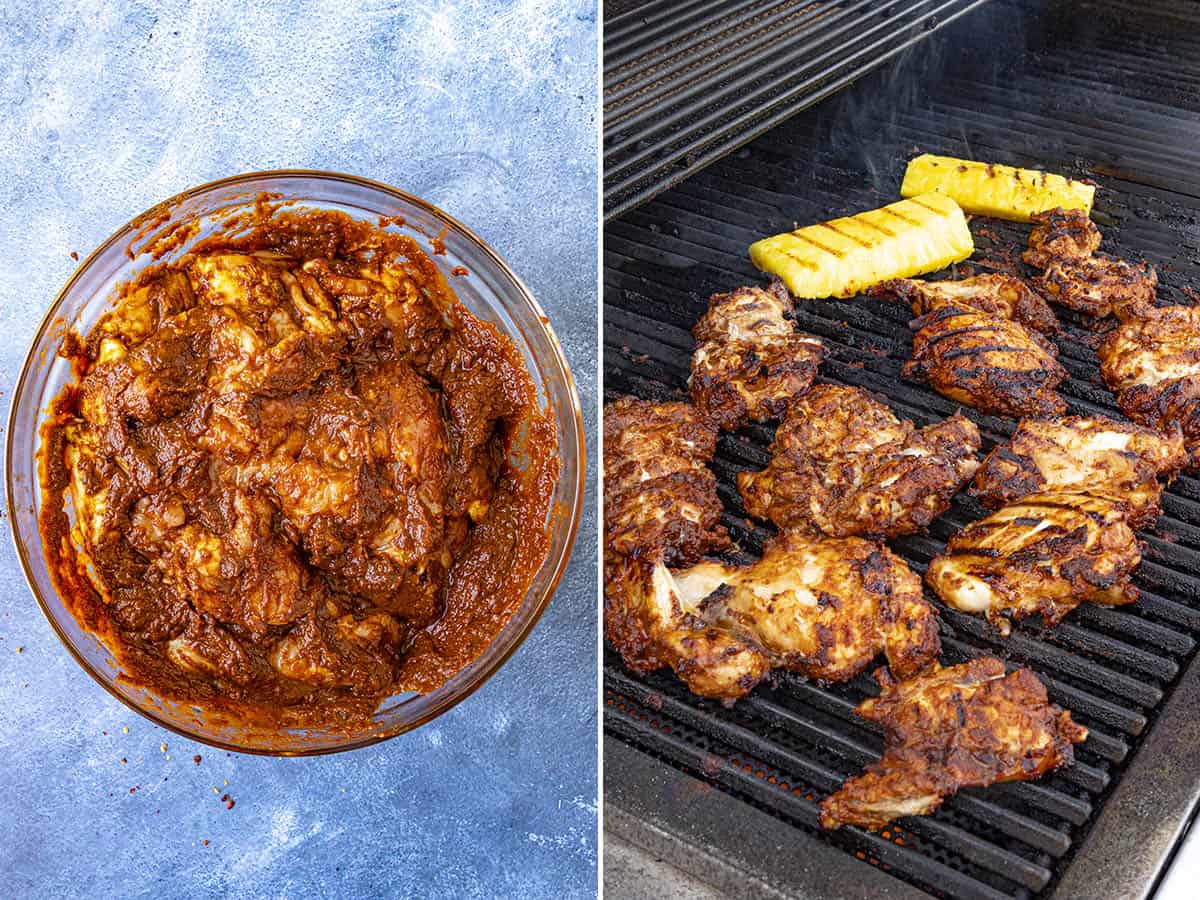 Grilling marinated chicken and pineapple to make Chicken al Pastor