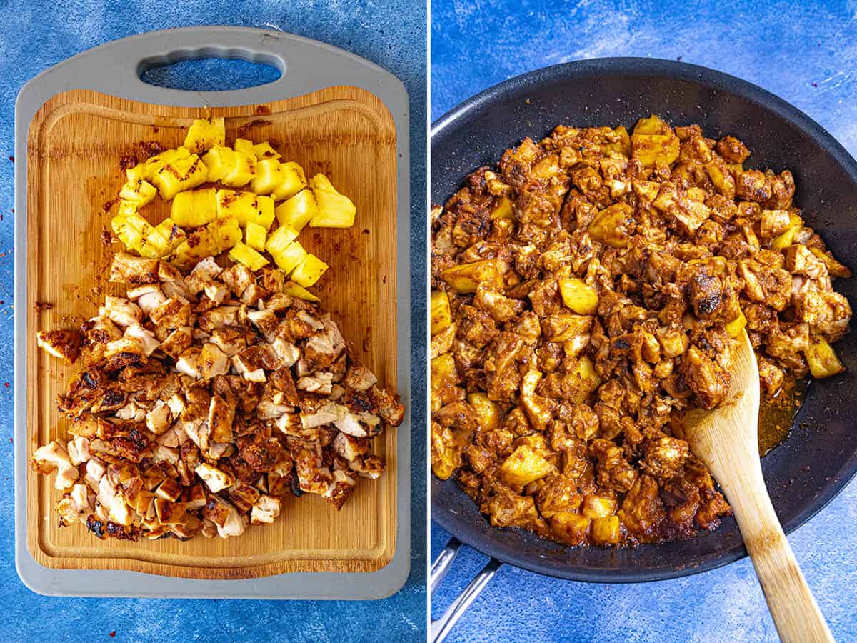 Chopped Chicken al Pastor and pineapple on a cutting board, and warming it all up in a pan to serve.