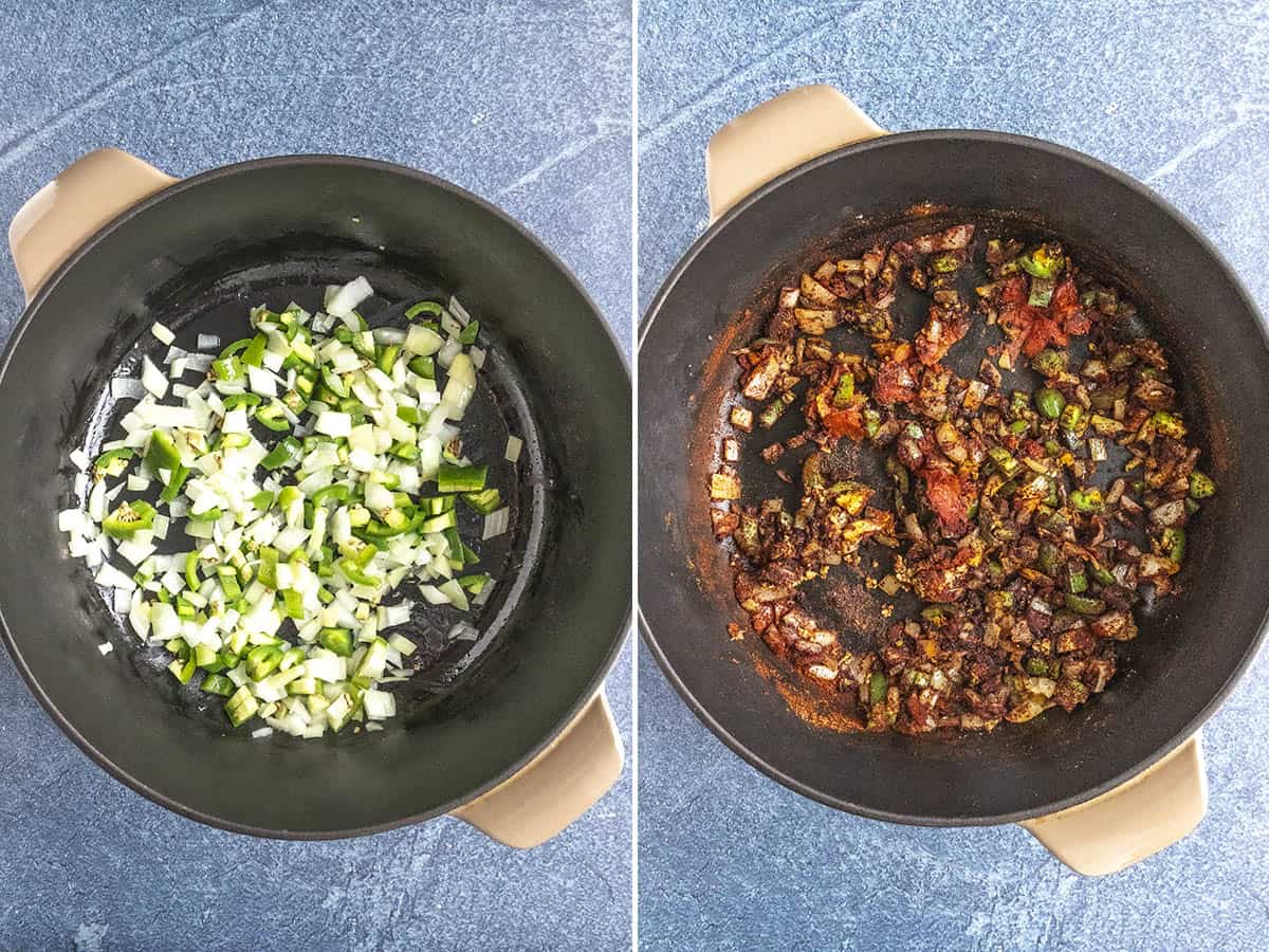 Two side-by-side images in a pot. Left: Chopped onions and peppers are being saut&eacute;ed. Right: The same mixture is now cooked with added spices and tomato paste, appearing darker and more combined.