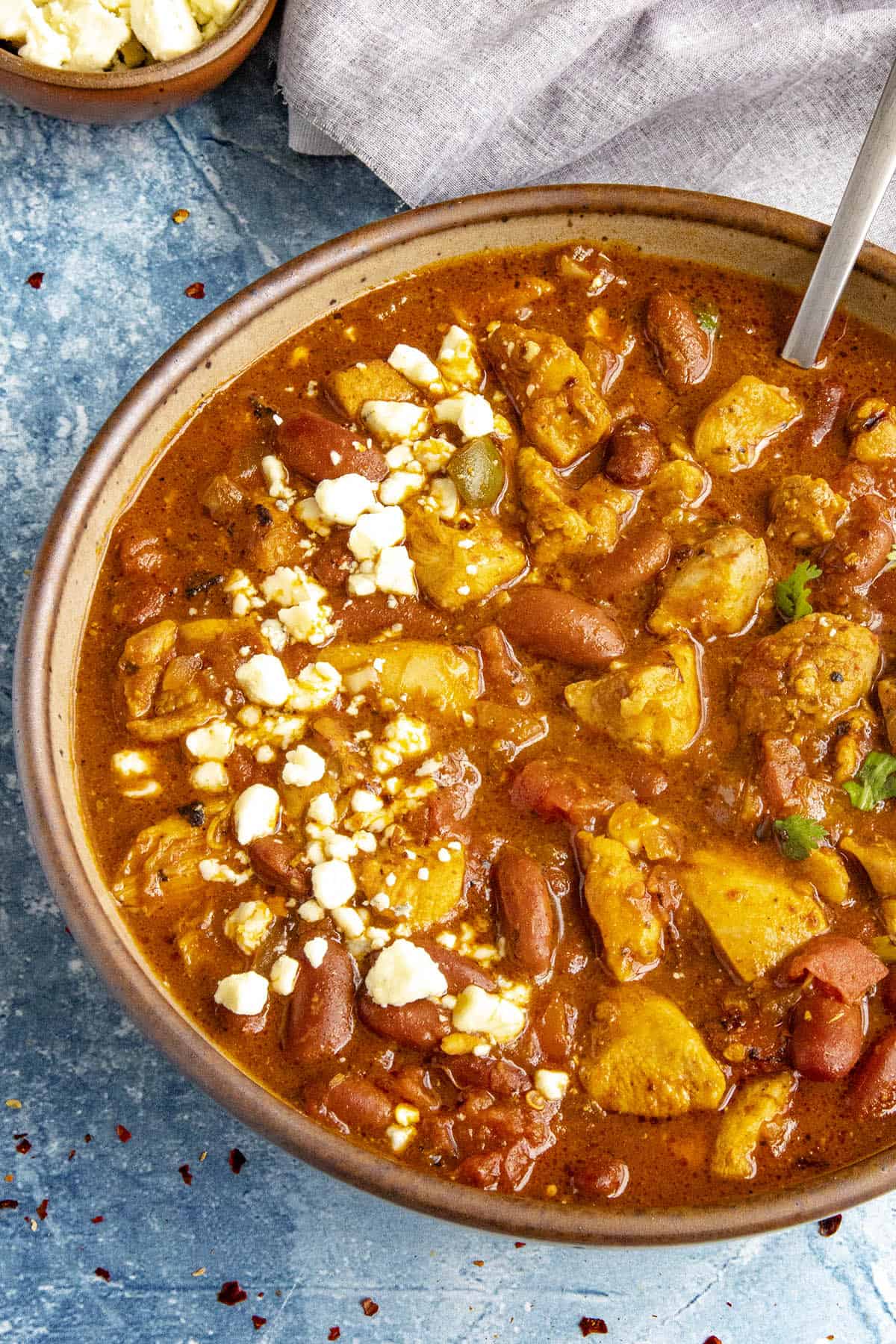 Close up of a bowl of Buffalo Chicken Chili