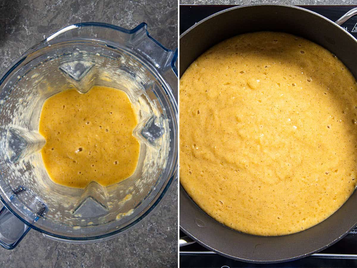 Processing, then simmering Caribbean-Style Mango-Habanero Hot Sauce in a pan