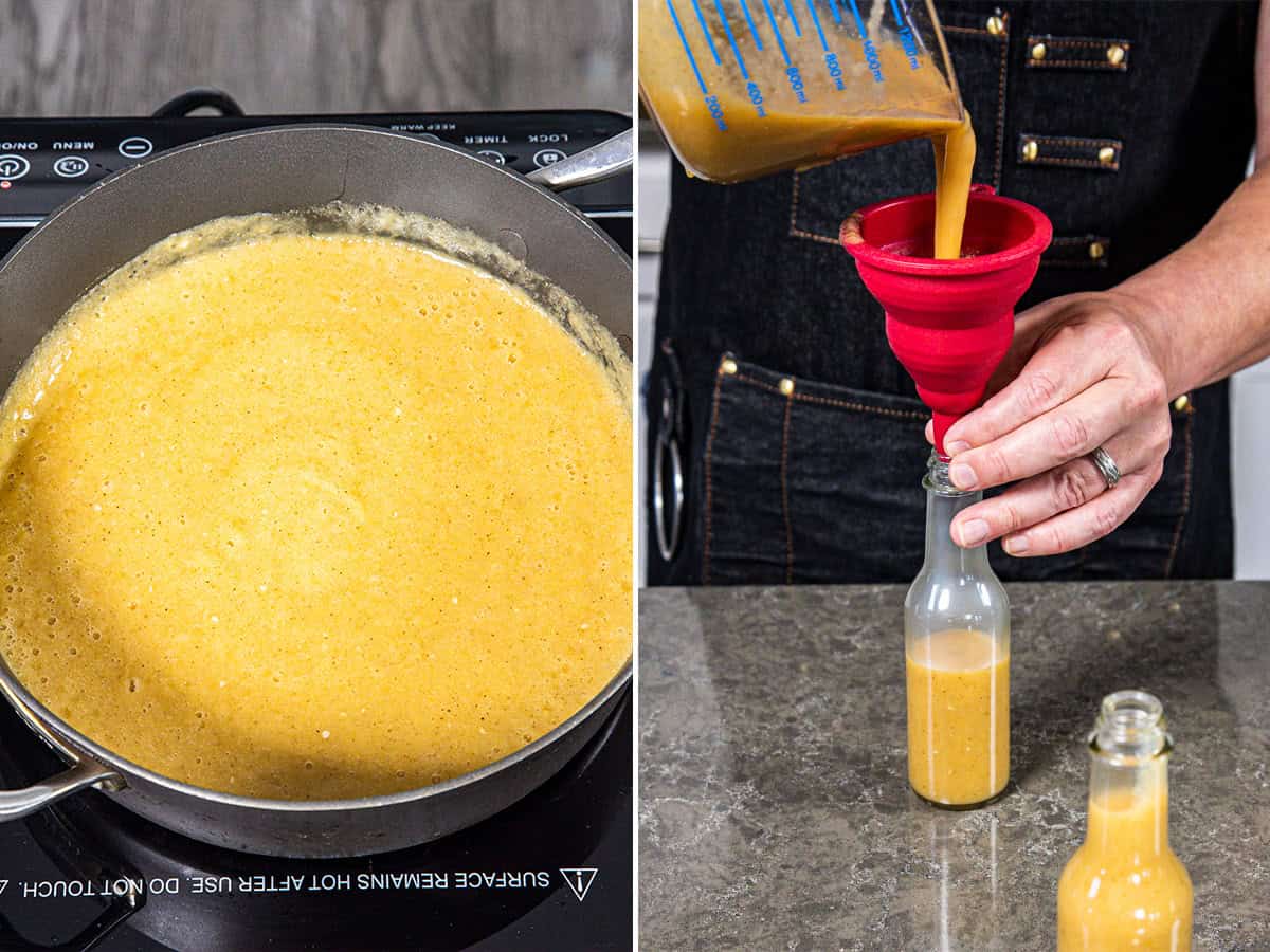 Mike simmering, then pouring Caribbean-Style Mango-Habanero Hot Sauce into serving bottles