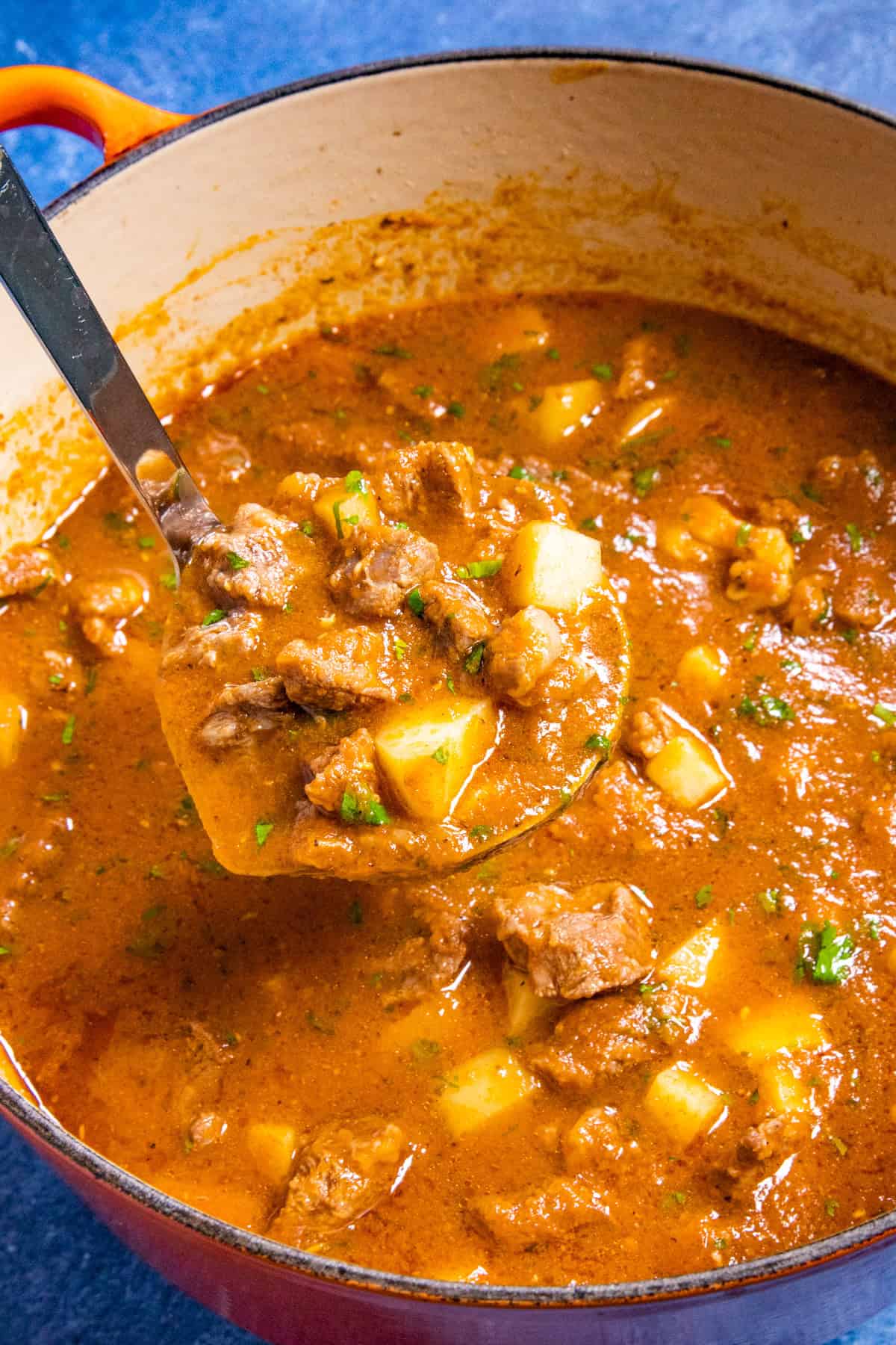 Mike serving hearty, chunky Carne con Papas from the stew pot