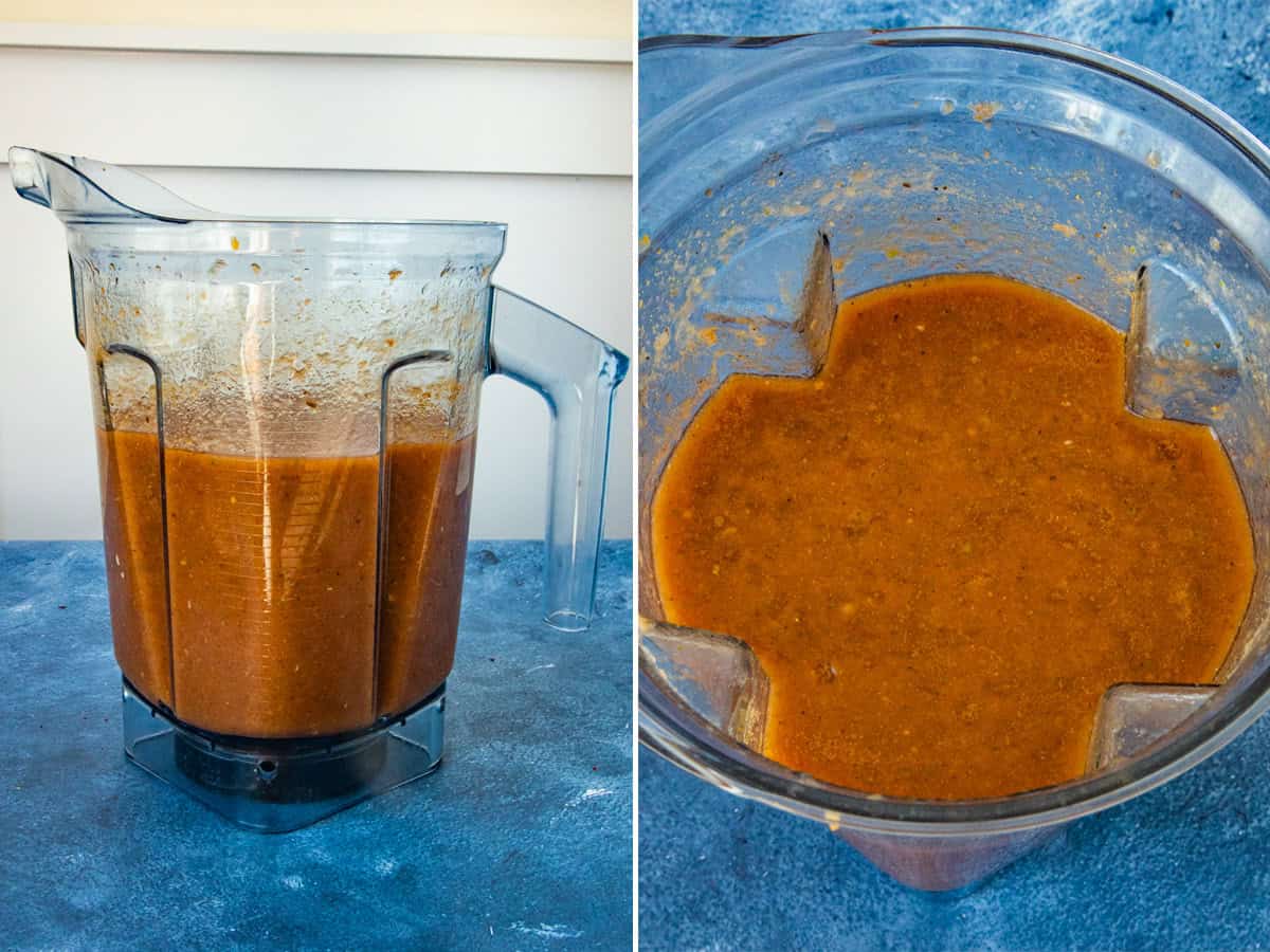 Red tomato sauce in a blender for making Mexican Carne con Papas