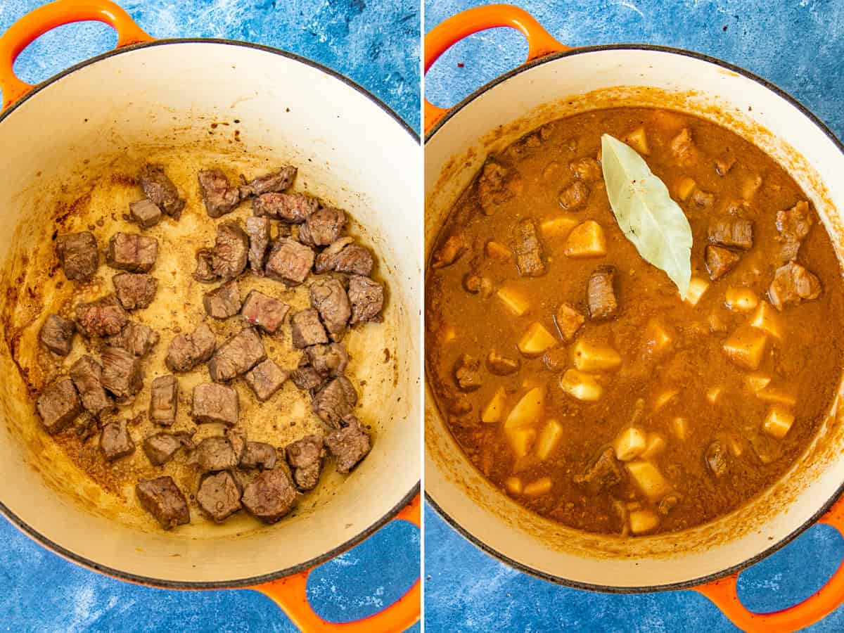Browning meat and simmering meat and potatoes in tomato sauce in a Dutch oven to make Carne con Papas