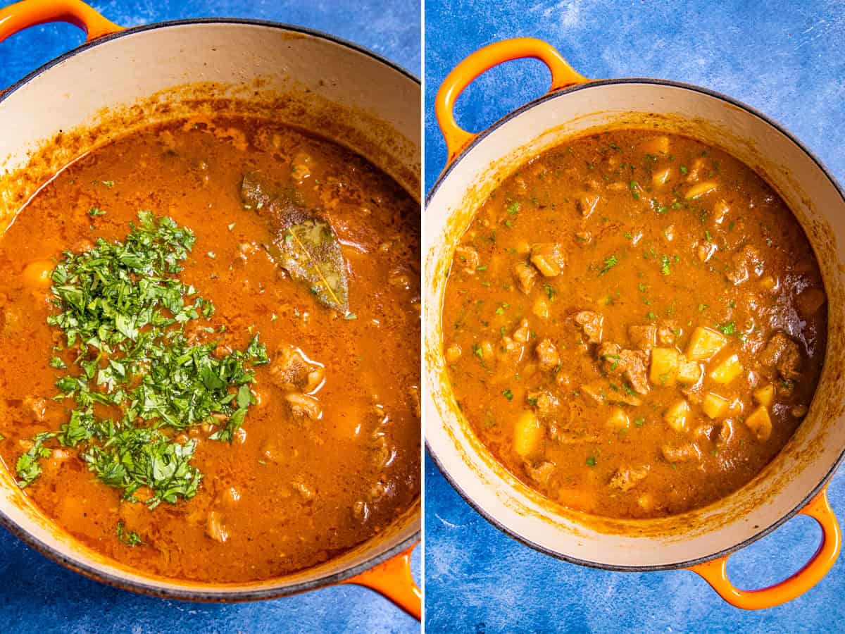 Simmering Mexican Carne con Papas in a Dutch oven