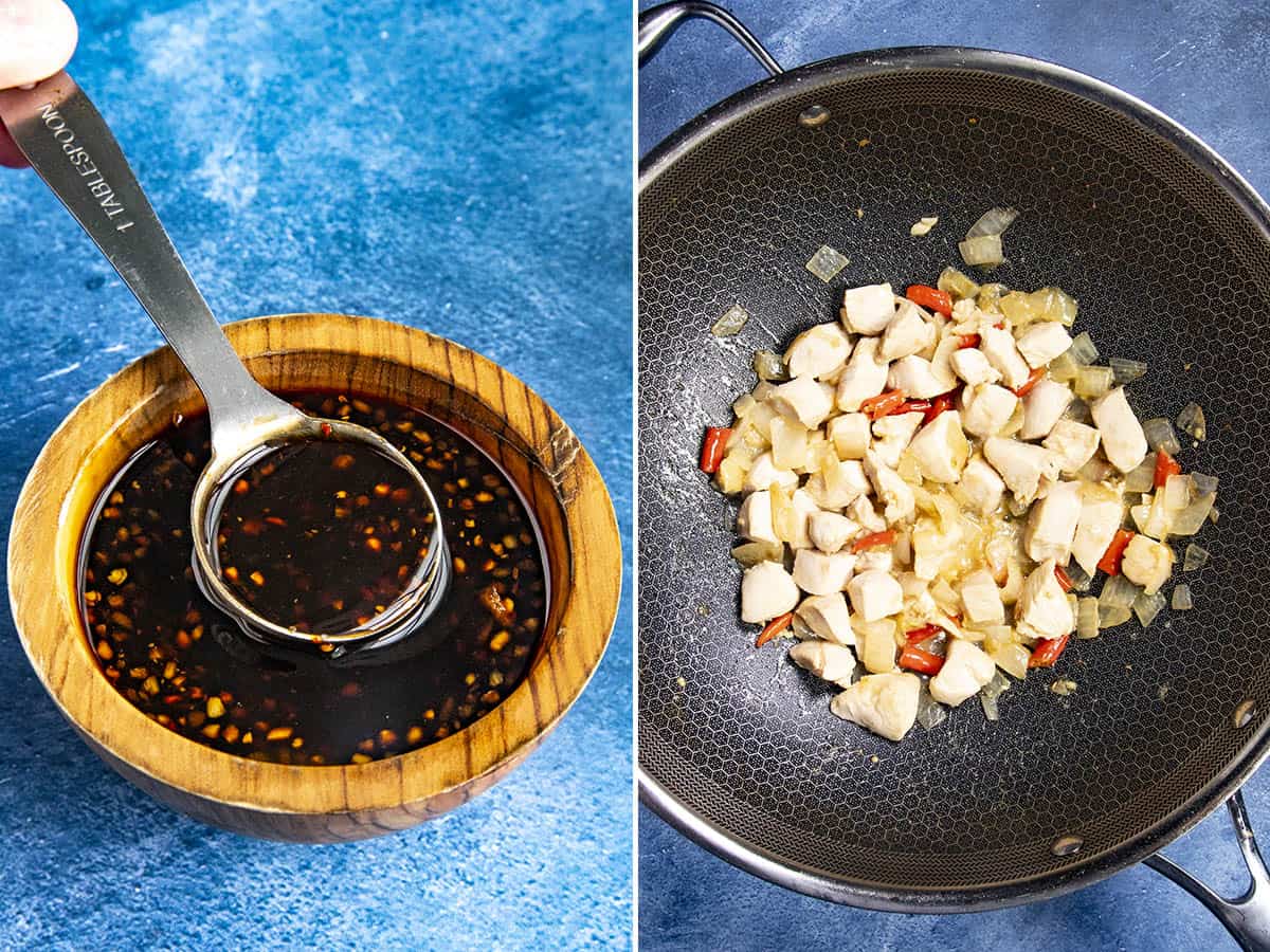 Mixing sauce, then stir frying chicken in a wok to make Drunken Noodles (Pad Kee Mao)