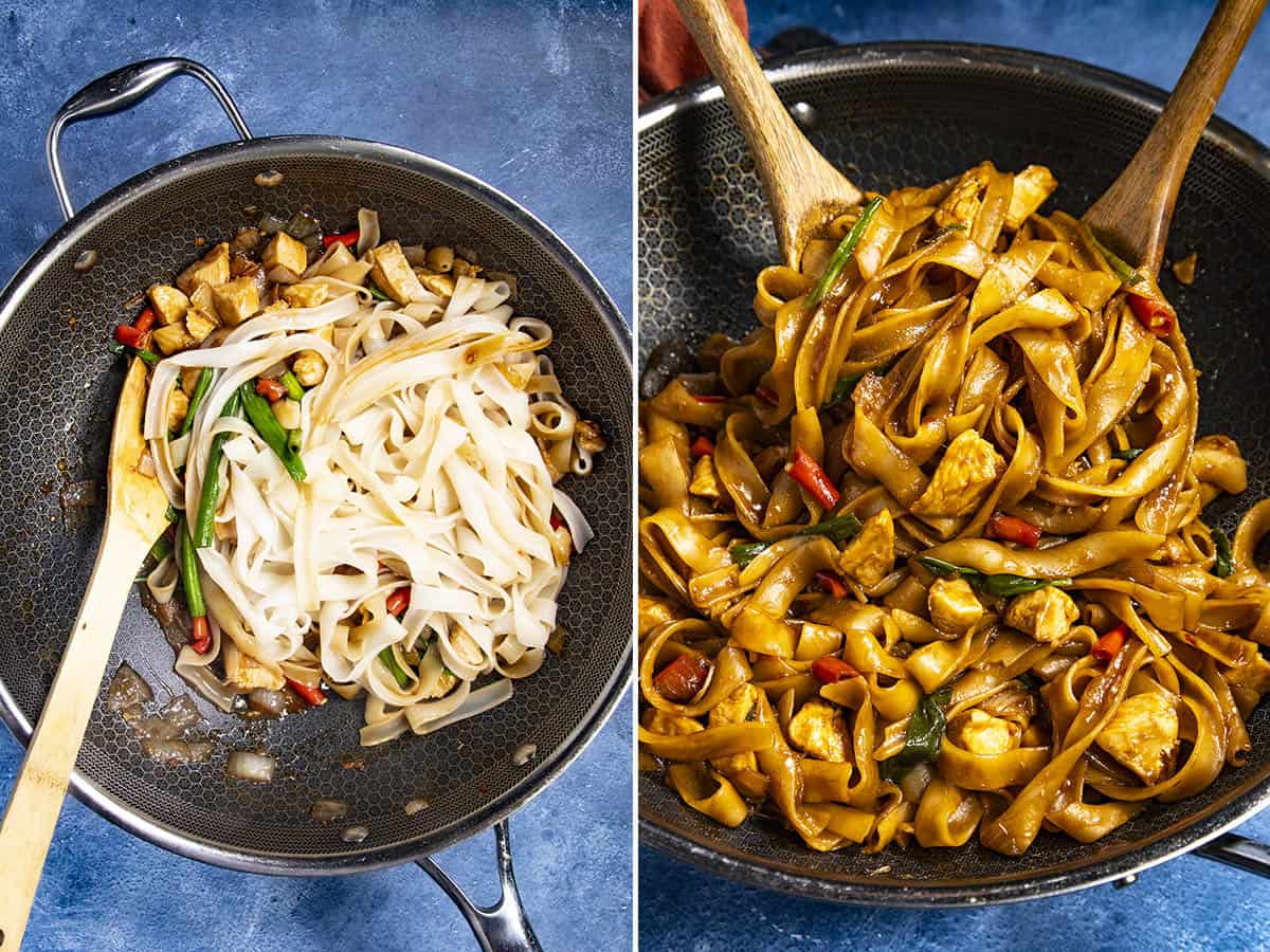 Stir frying chicken and noodles in a wok, then tossing the mixture with sauce to make Drunken Noodles (Pad Kee Mao)