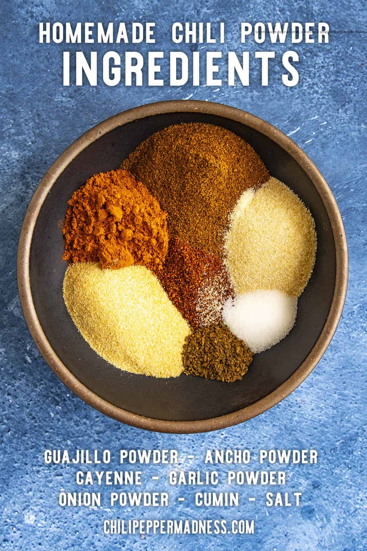 Homemade Chili Powder ingredients listed around a photo of the spices needed