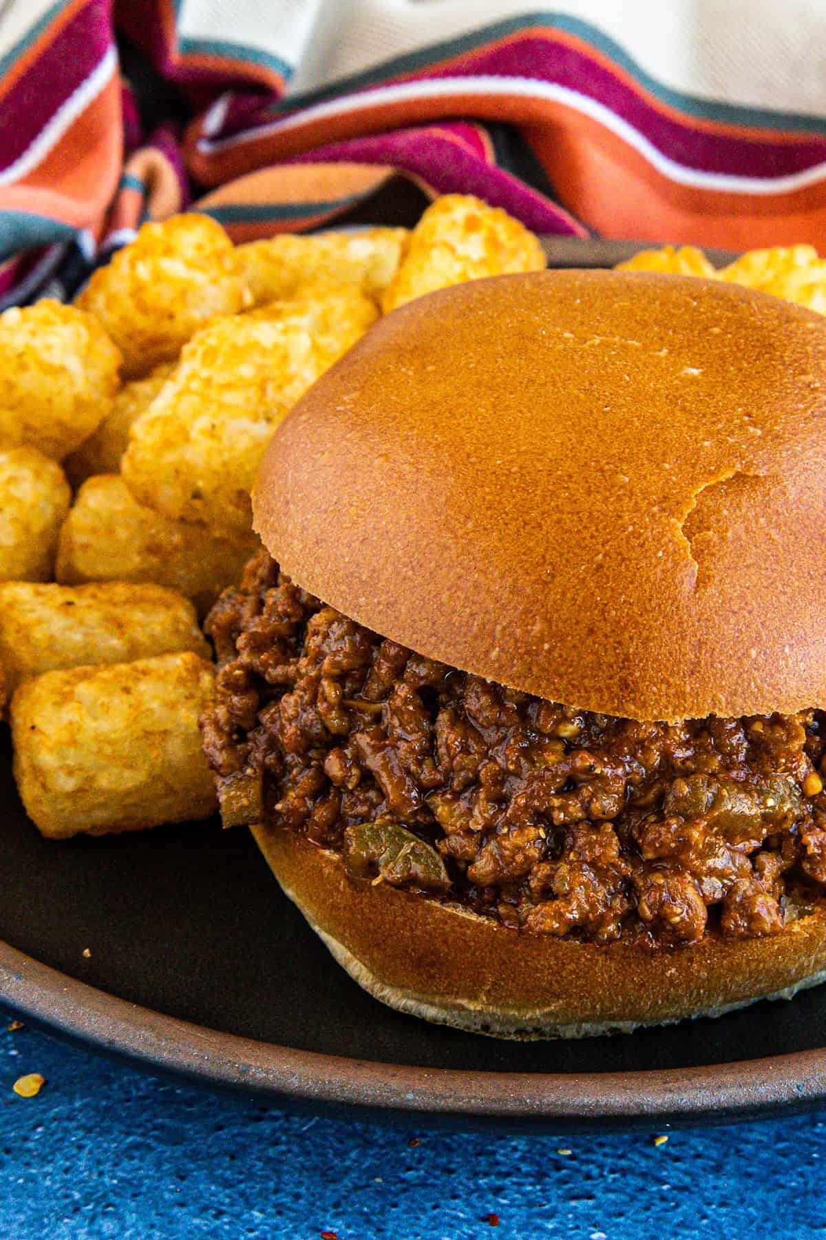 A Homemade Sloppy Joe sandwich served with tater tots on a plate