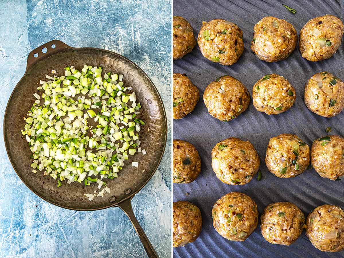 Cooking vegetables in a pan and hand formed meatballs on a try for making Honey Sriracha Meatballs