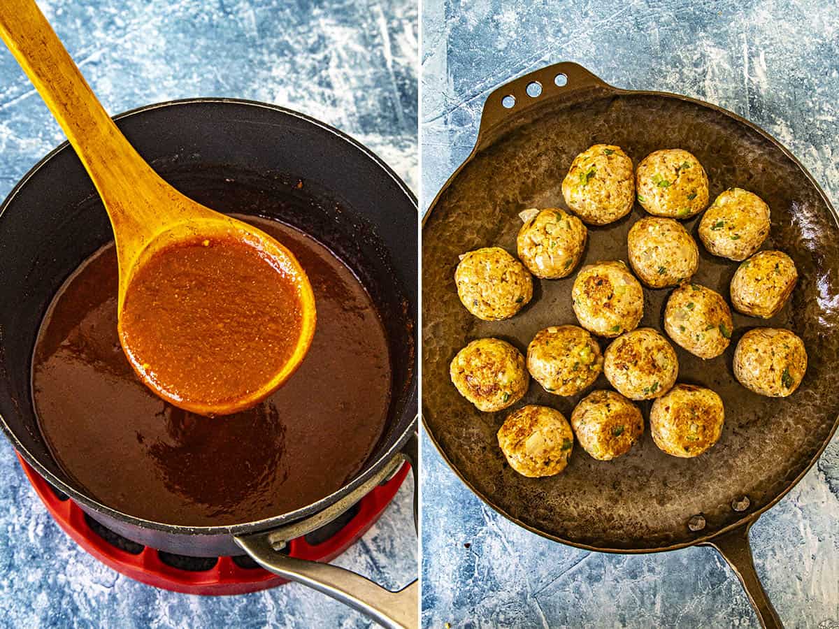Simmering honey-sriracha sauce and searing meatballs in a pan for making Honey Sriracha Meatballs