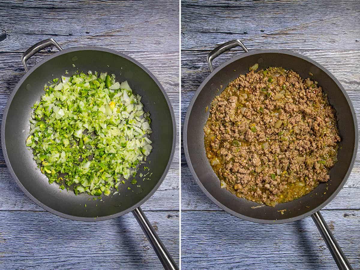 Cooking down onions, peppers, and ground beef in a pan to make Homemade Sloppy Joe sandwiches.