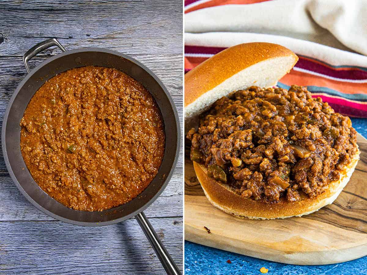 Simmering seasoned ground beef in a pan to make Homemade Sloppy Joe sandwiches.