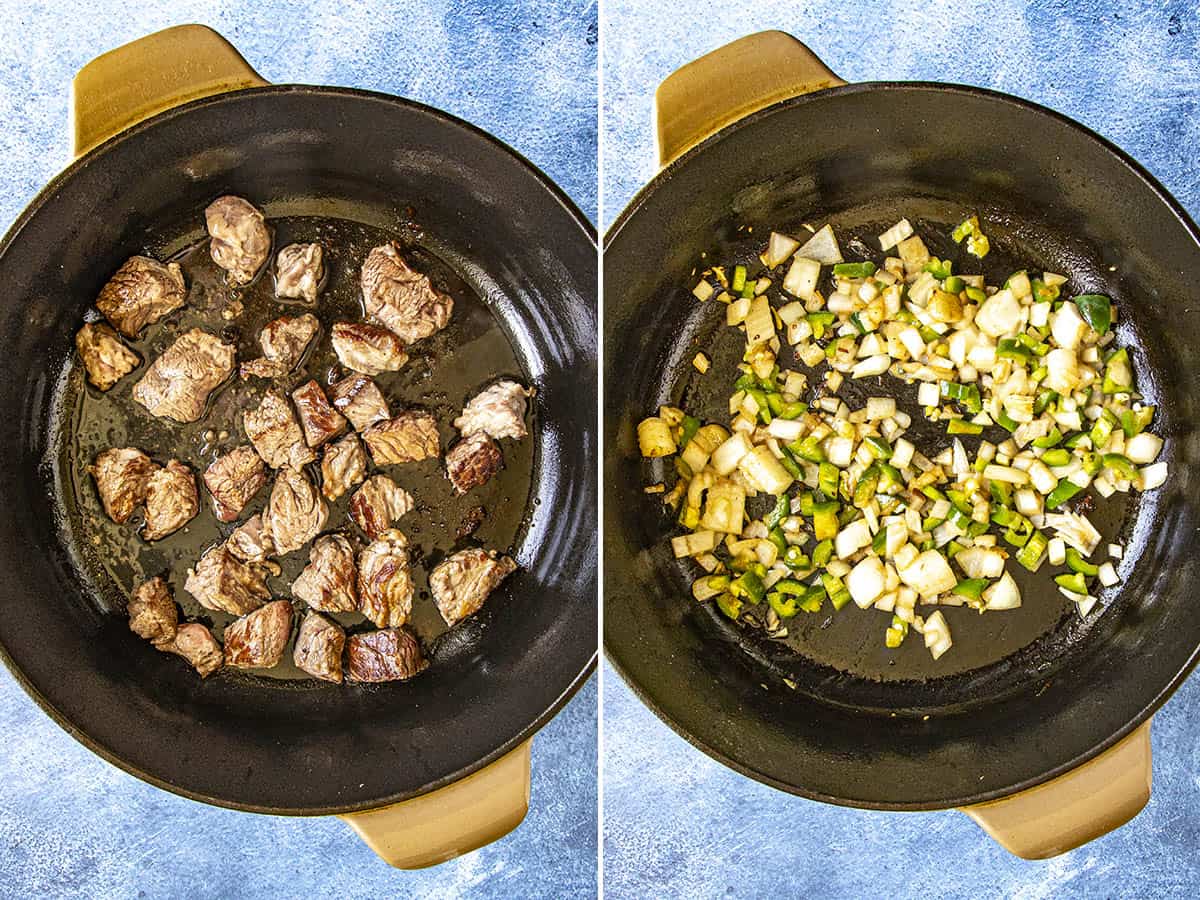 Searing meat and vegetables in a pot to make Texas Chili