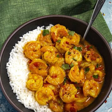 Thai Shrimp Curry served in a bowl with Jasmin rice