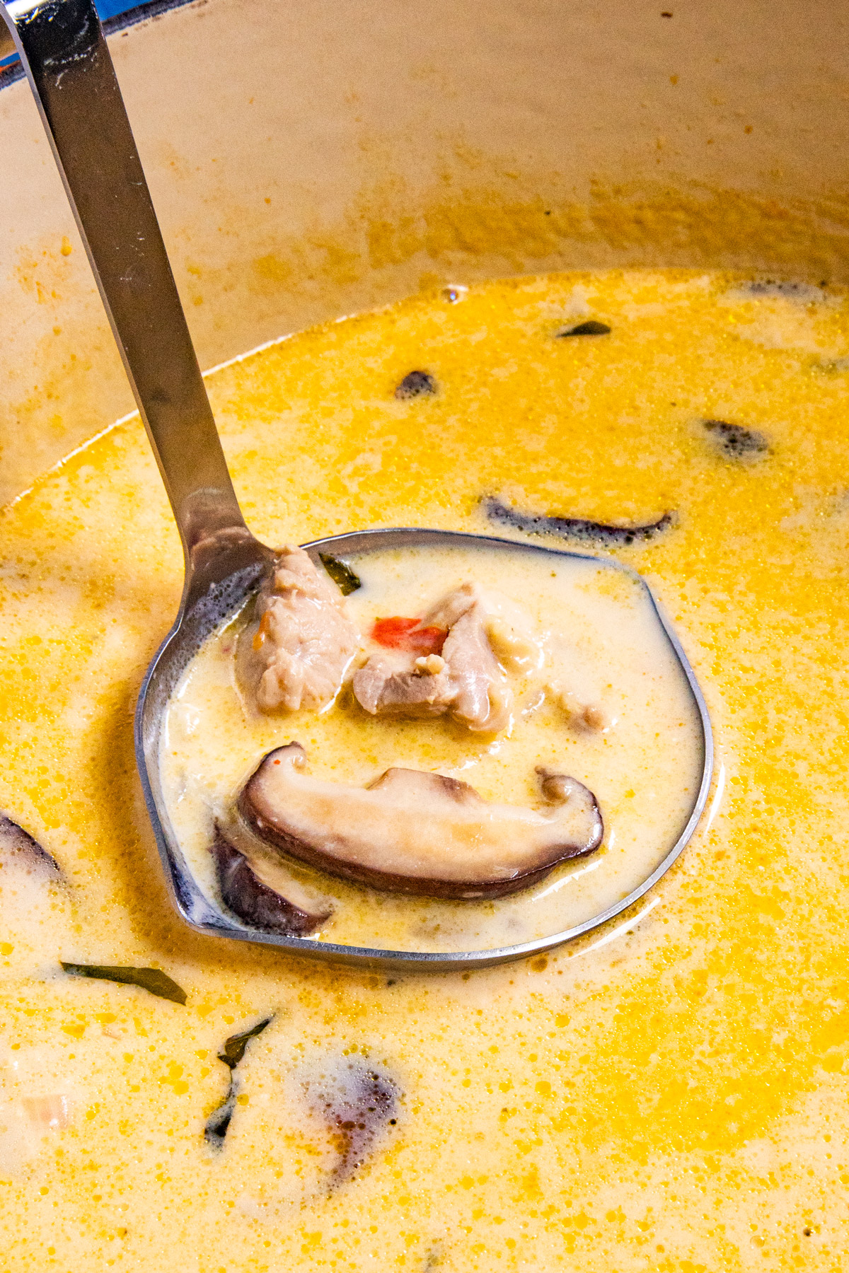 Mike serving a ladle of Tom Kha Gai (Thai Coconut Chicken Soup) from the pot