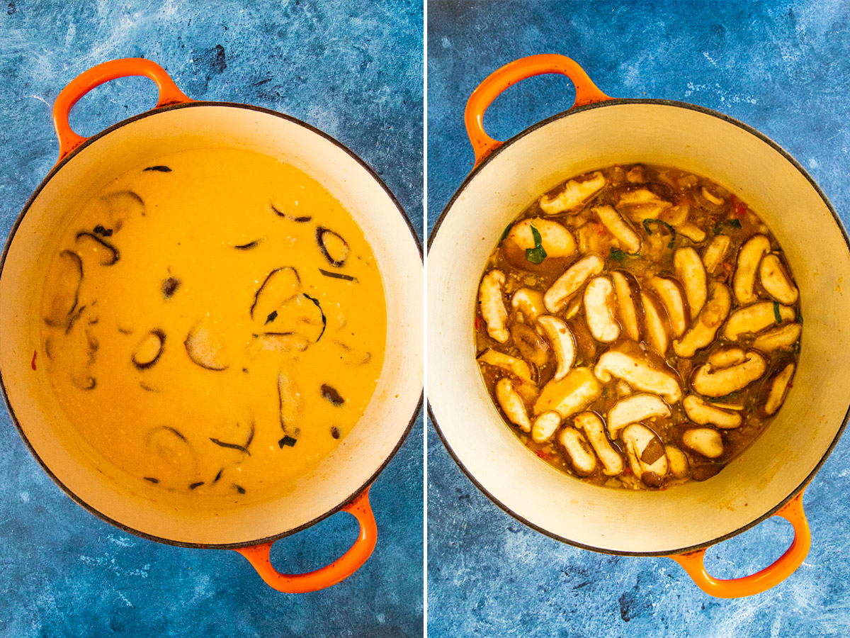Simmering Tom Kha Gai in a pot with lots of mushrooms