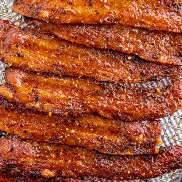 A baking sheet filled with candied bacon