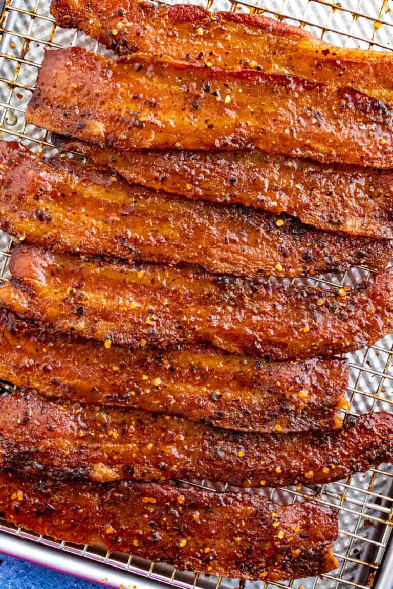 A baking sheet filled with candied bacon
