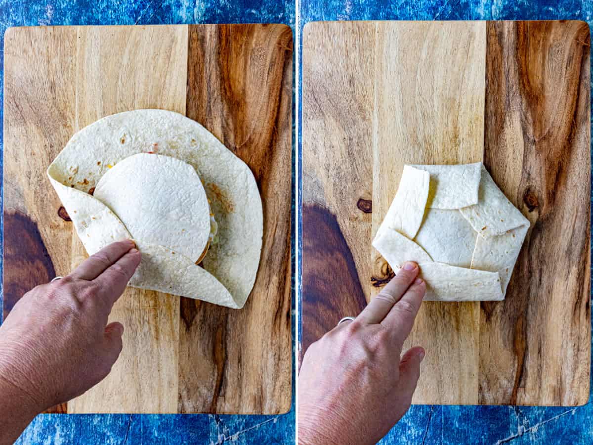 Folding the stuffed flour tortilla into 6 sides to make a Homemade Crunchwrap Supreme, spicy version