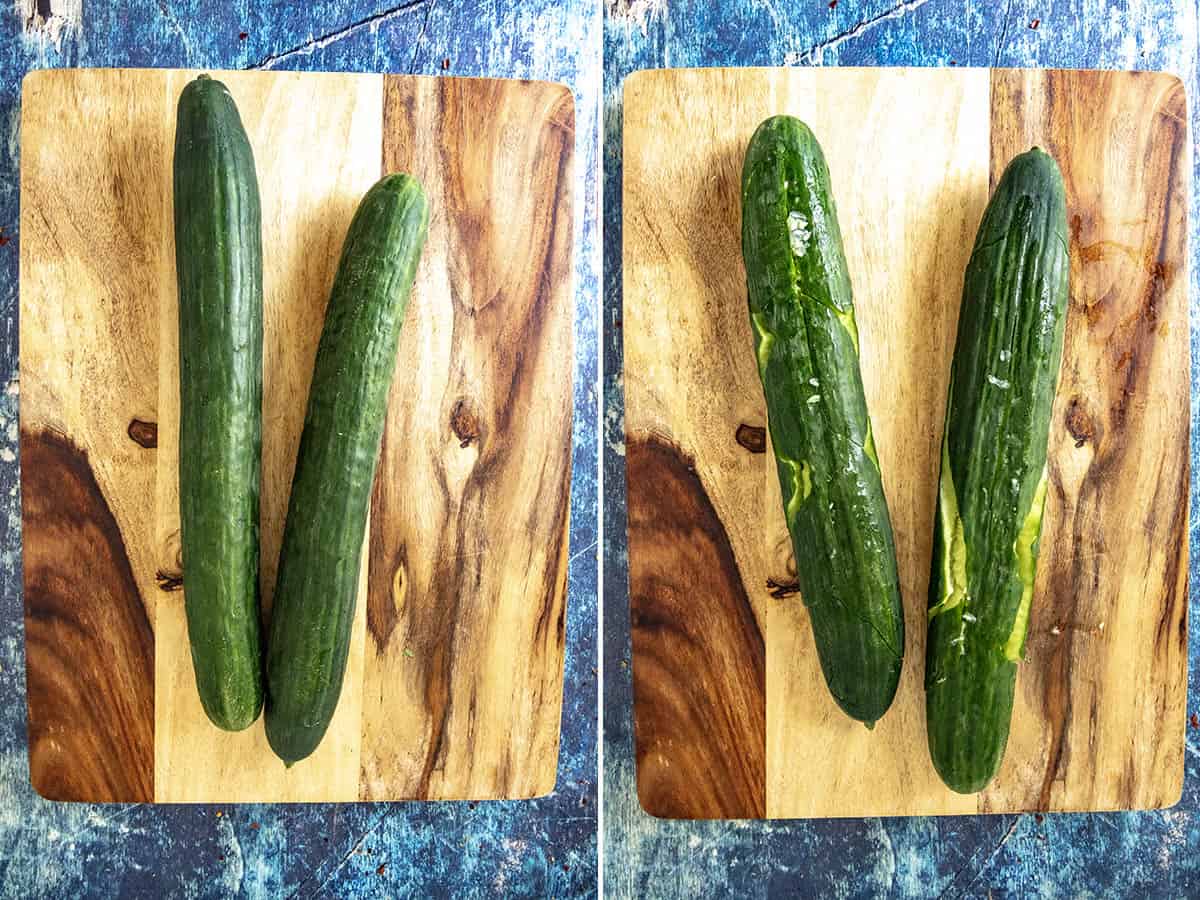 Smashed cucumbers on a cutting board for making Asian Cucumber Salad