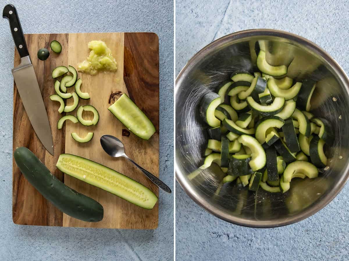 Slicing and draining fresh cucumbers to make Sichuanese Spiced Cucumber Salad (Qiang Huang Gua)