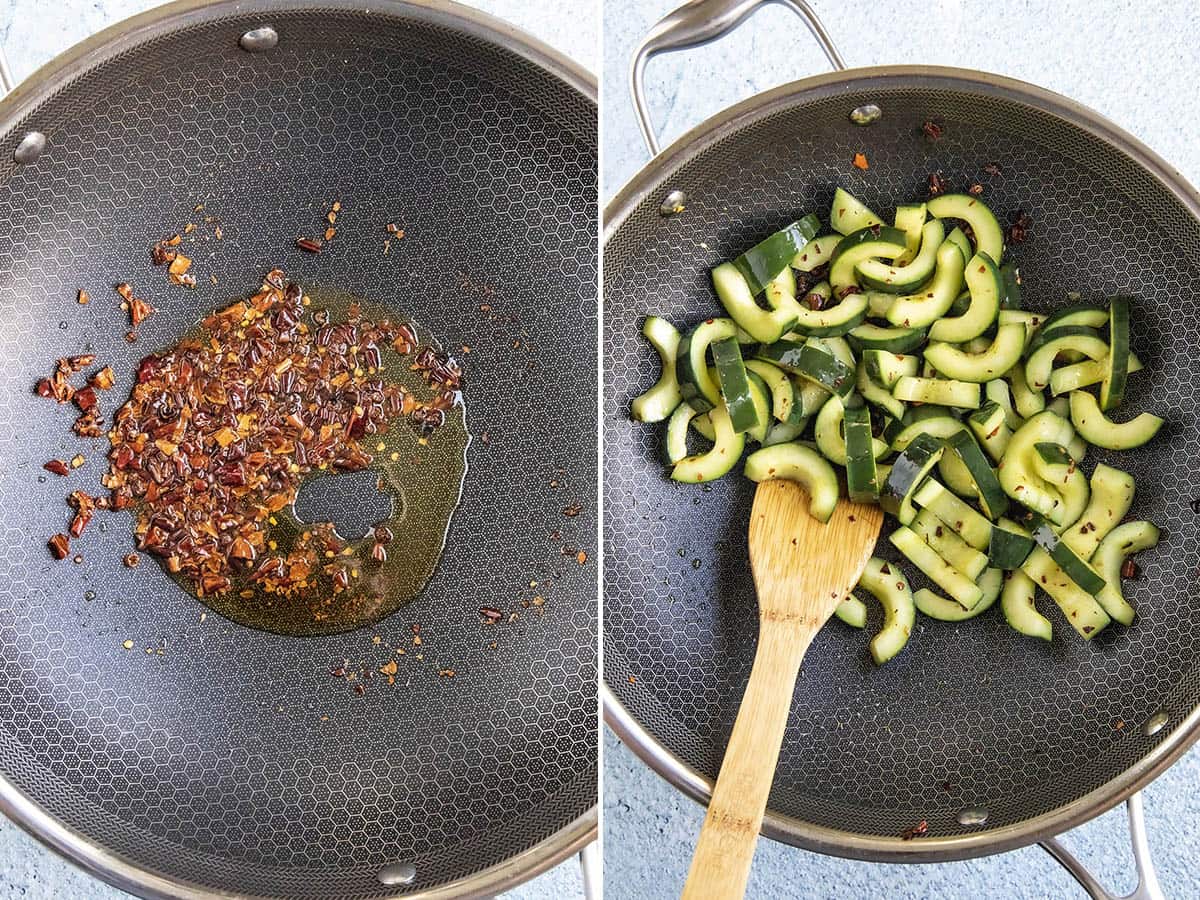 Quickly stir frying sliced cucumbers in spicy oil to make Sichuanese Spiced Cucumber Salad (Qiang Huang Gua)