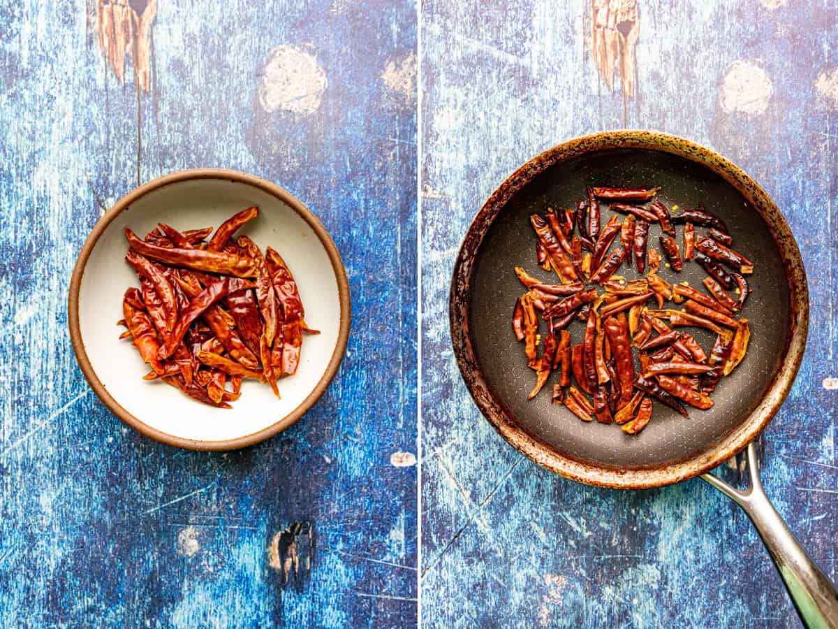 Dry toasting chiles de arbol in a hot pan to make Chili de &Aacute;rbol Hot Sauce