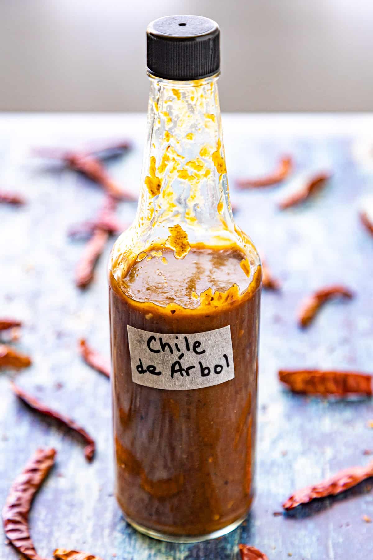 A bottle of fiery Chili de &Aacute;rbol Hot Sauce