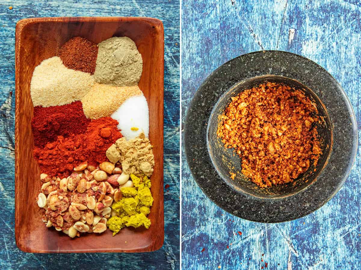 Ingredients for making Suya Spice (Yaji), and mixing them up in a bowl