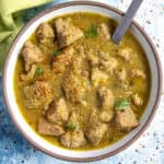 A bowl of chunky Pork Chili Verde, ready to serve