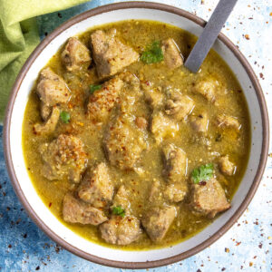 A bowl of chunky Pork Chili Verde, ready to serve