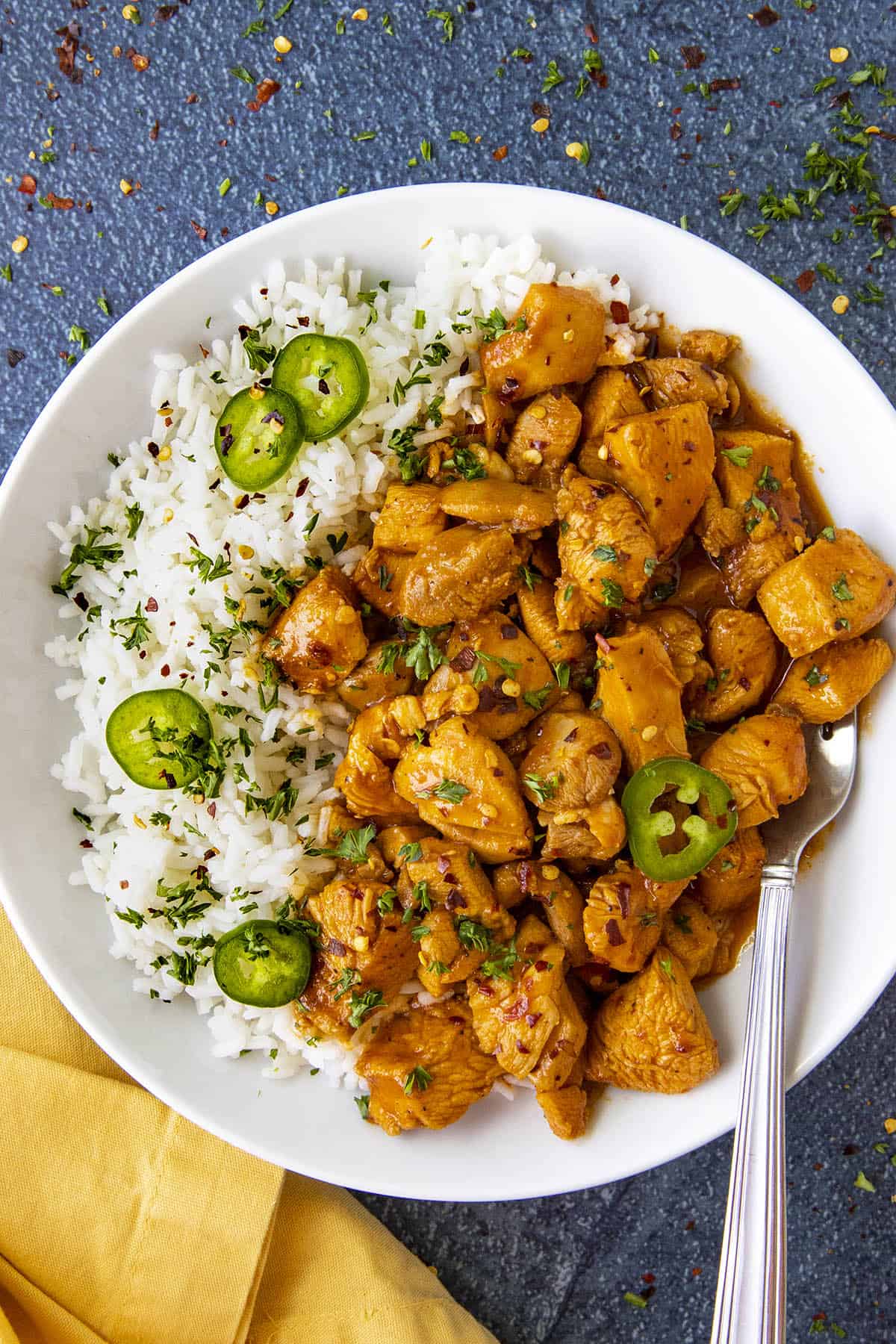 Spicy Gochujang Chicken on a plate served with rice