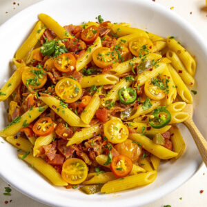 Spicy Penne Arrabbiata (Penne all'arrabbiata) in a bowl, ready to serve