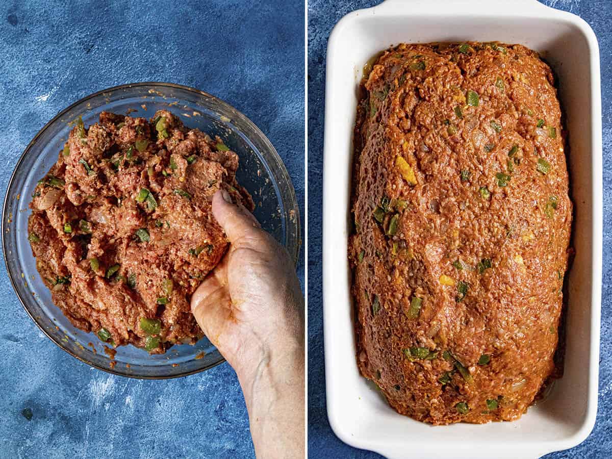 Mixing meatloaf ingredients in a bowl and forming a "loaf" in a baking dish