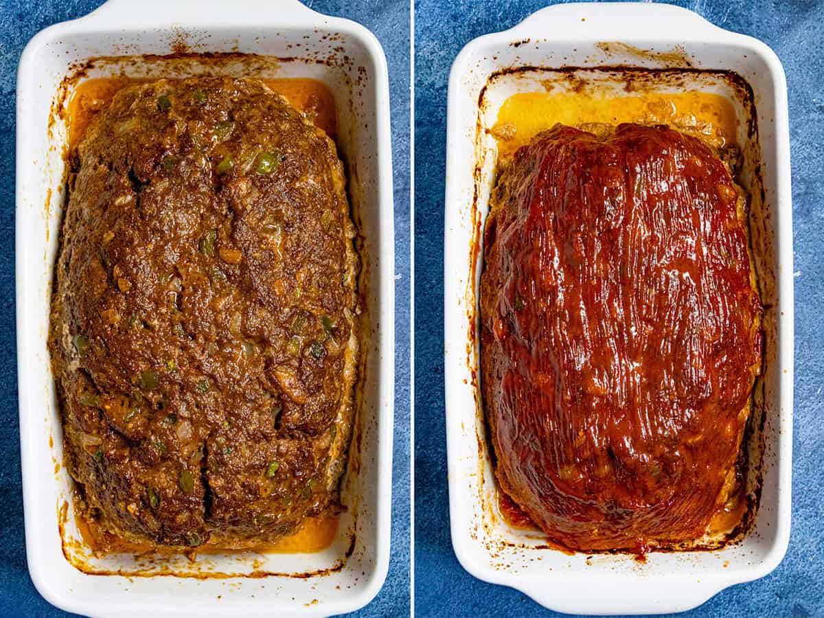 Baked meatloaf out of the oven, then glazed with my tangy meatloaf glaze