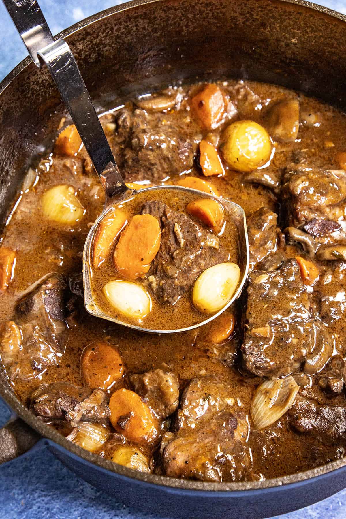 Serving a large scoop of Beef Bourguignon from the stewing pot
