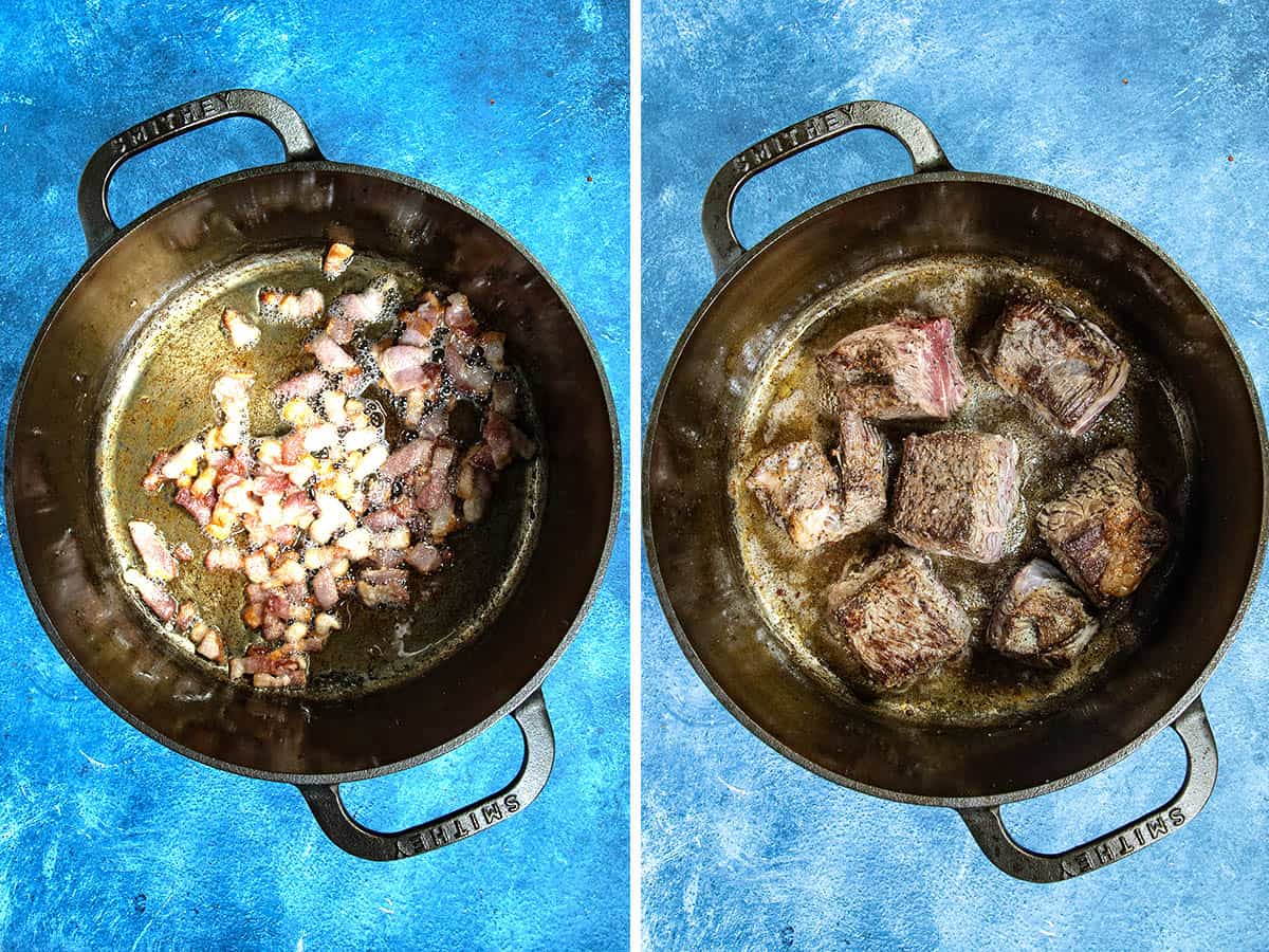 Rendering bacon and browning chunks of beef chuck in a stew pot