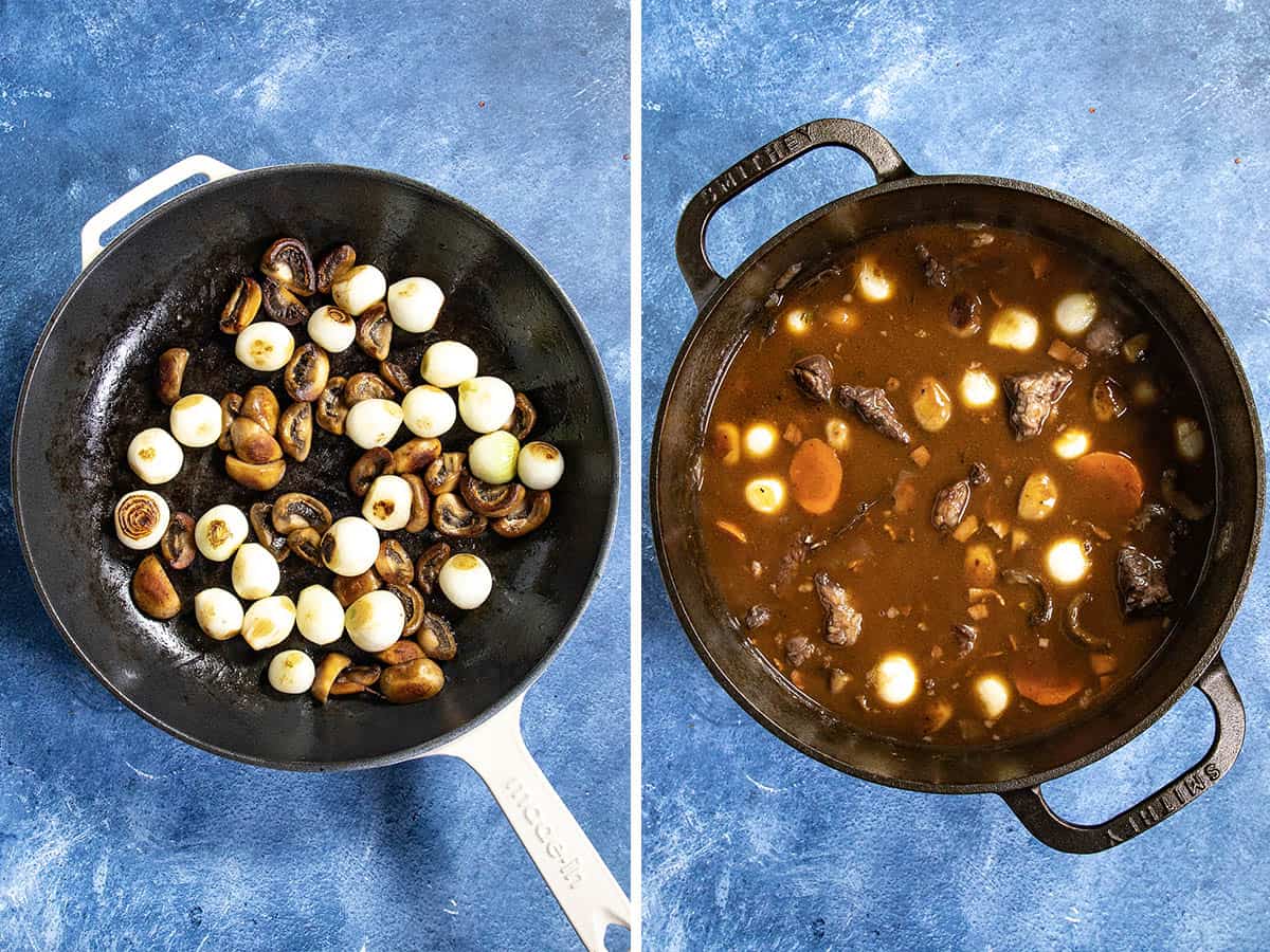 Saut&eacute;ing onions and mushrooms, then adding them to the stewing pot